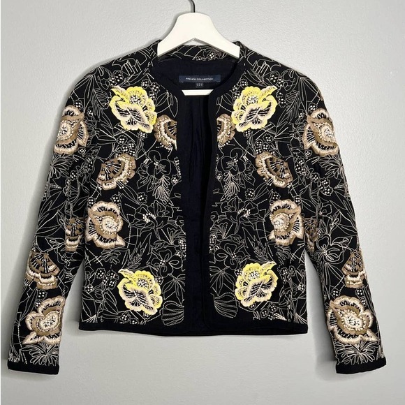 French Connection Floral Embroidery Long Sleeve Open Front jacket Black Size 2 - Picture 2 of 8